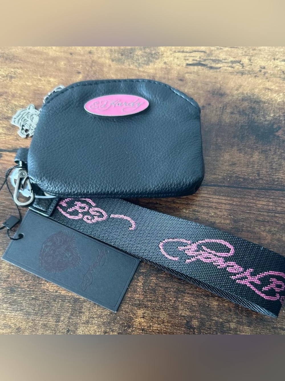 Ed Hardy Black & Pink Wristlet Coin Purse w/ Pink Logo Accent Tiger Zip Pull NWT